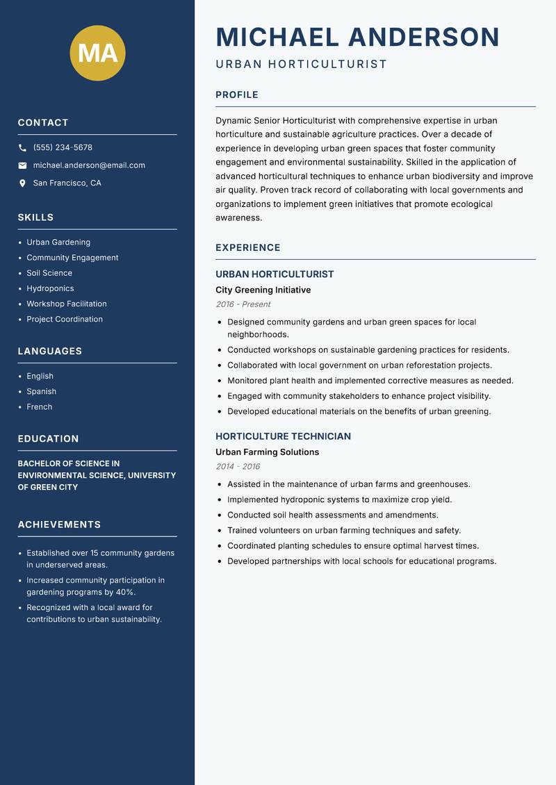 Senior Horticulturist Resume Preview Example