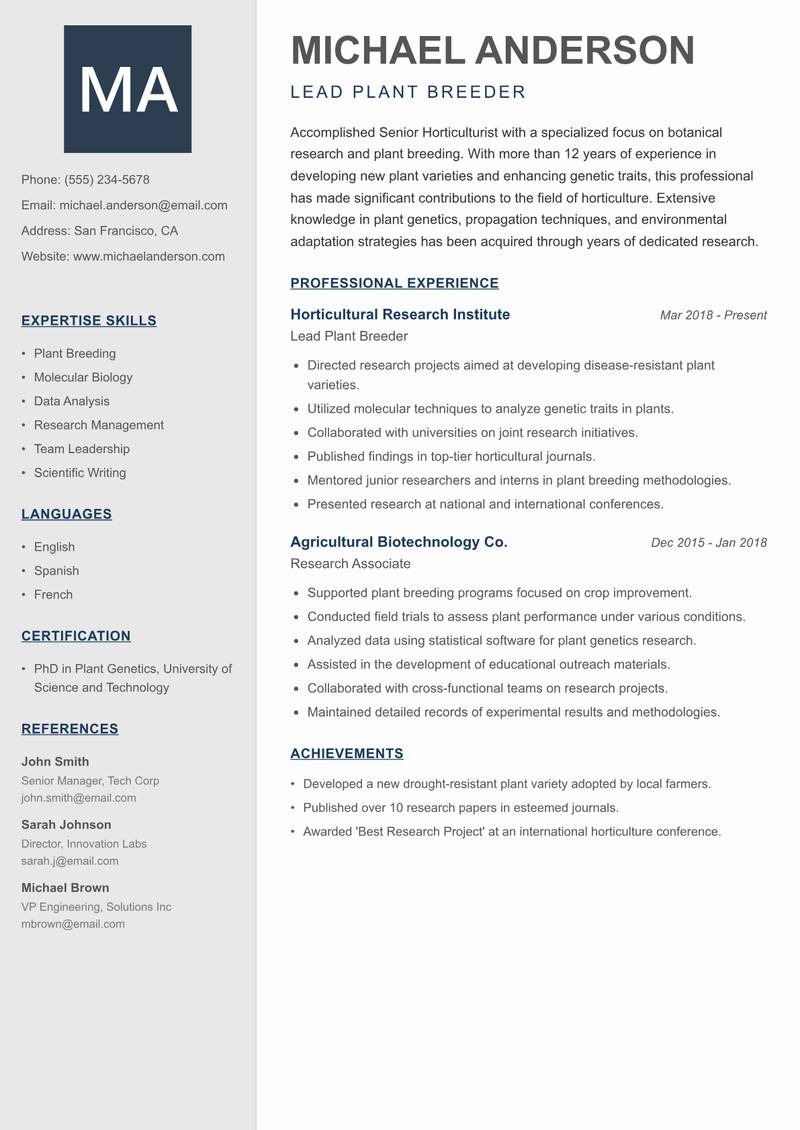 Senior Horticulturist Resume Preview Example