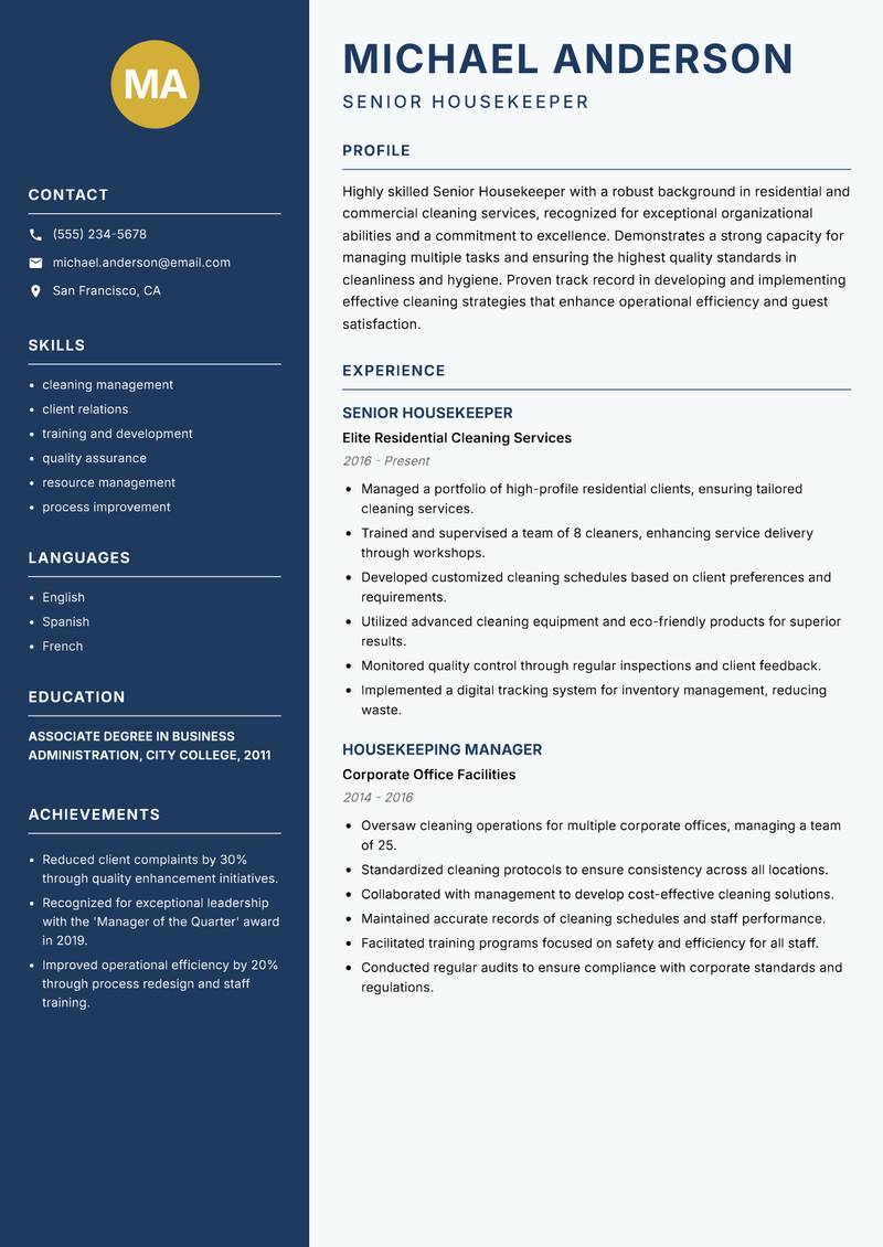 Senior Housekeeper Resume Preview Example