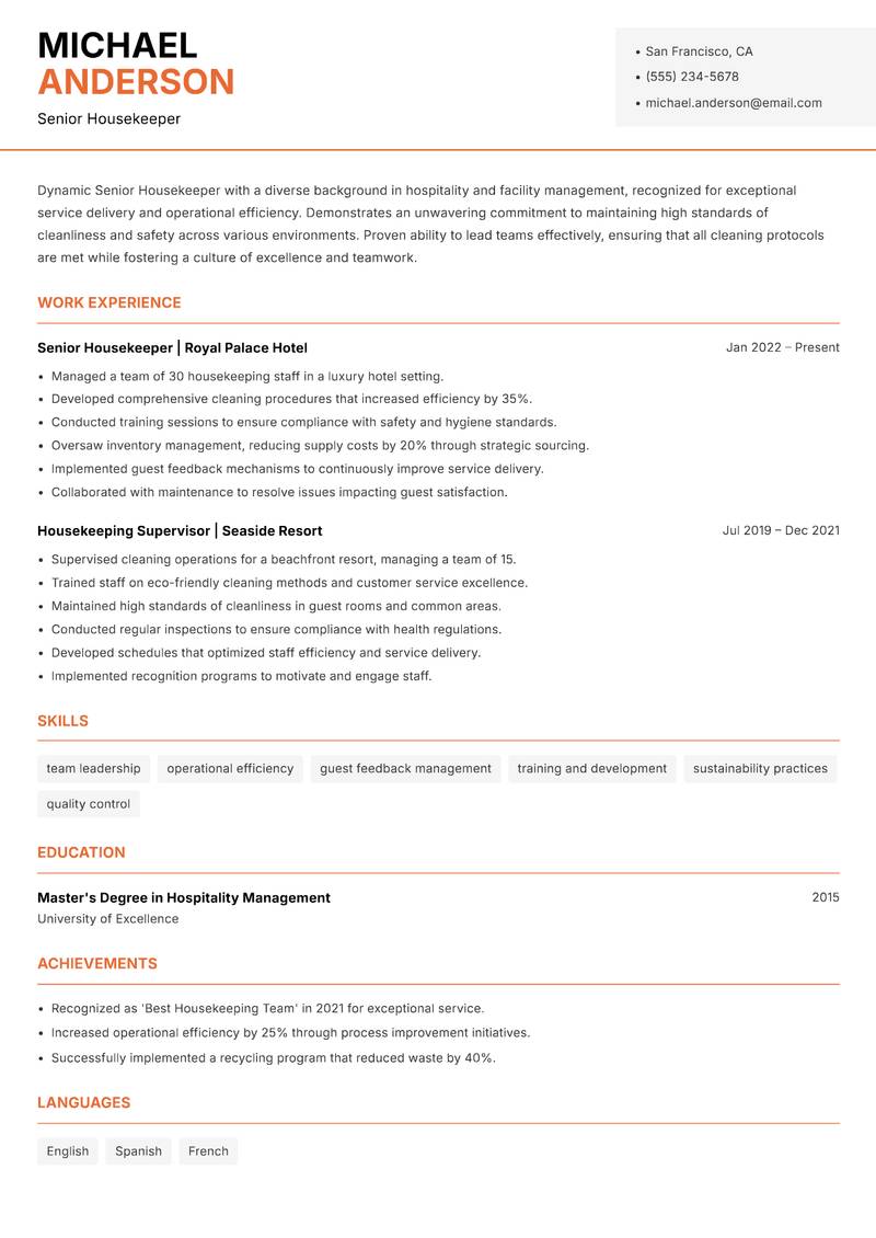 Senior Housekeeper Resume Template