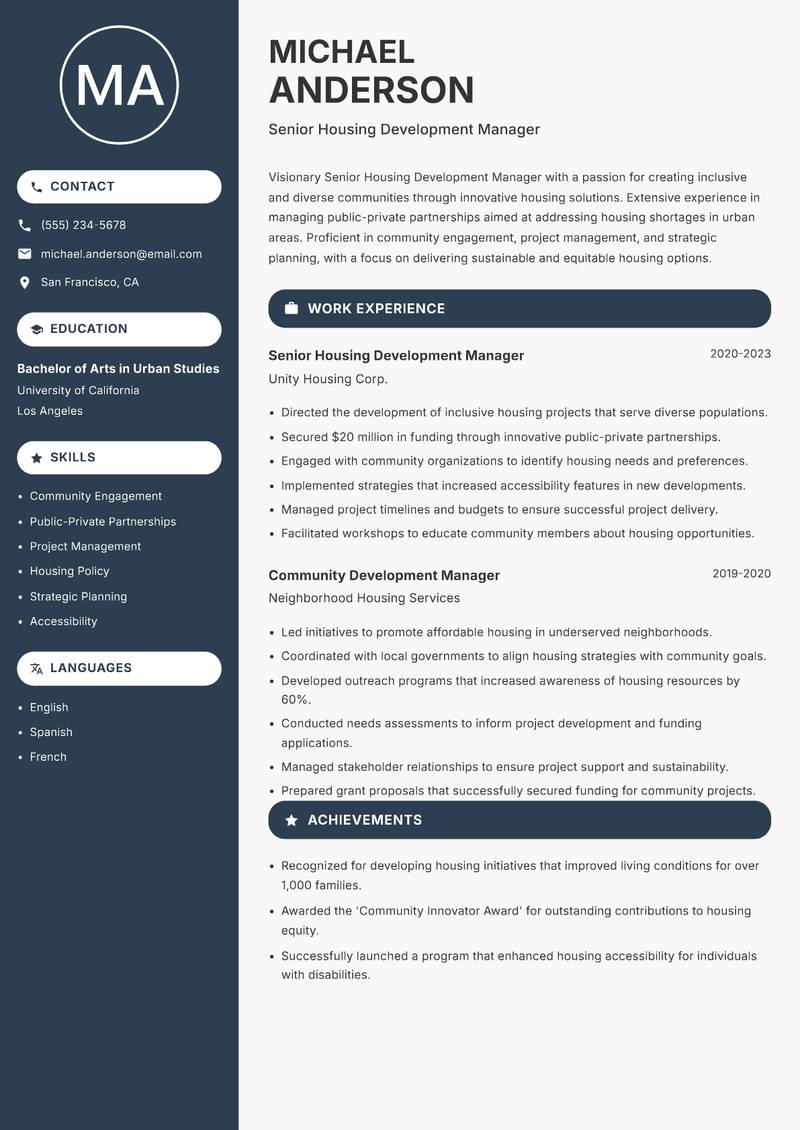 Senior Housing Development Manager Resume Preview Example