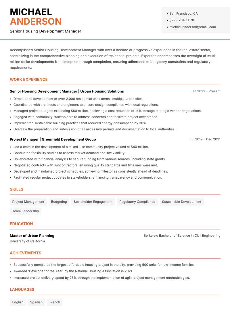 Senior Housing Development Manager Resume Template