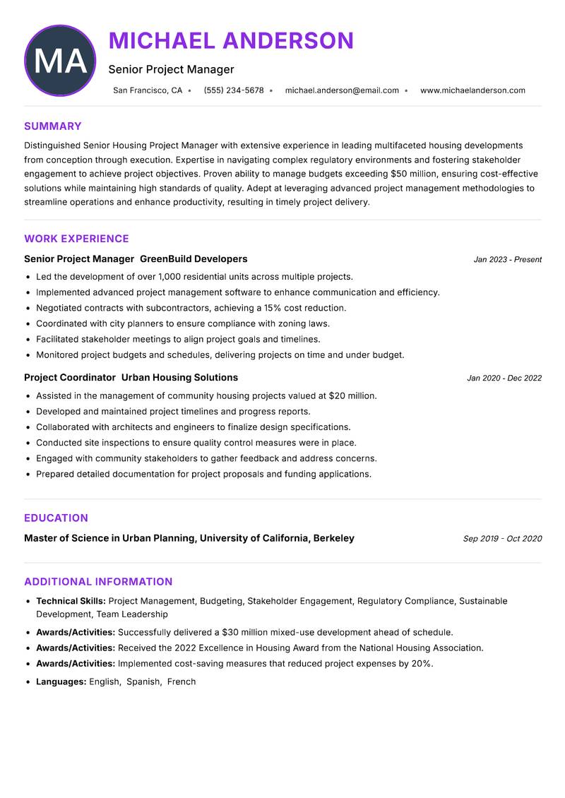 Senior Housing Project Manager Resume Preview Example