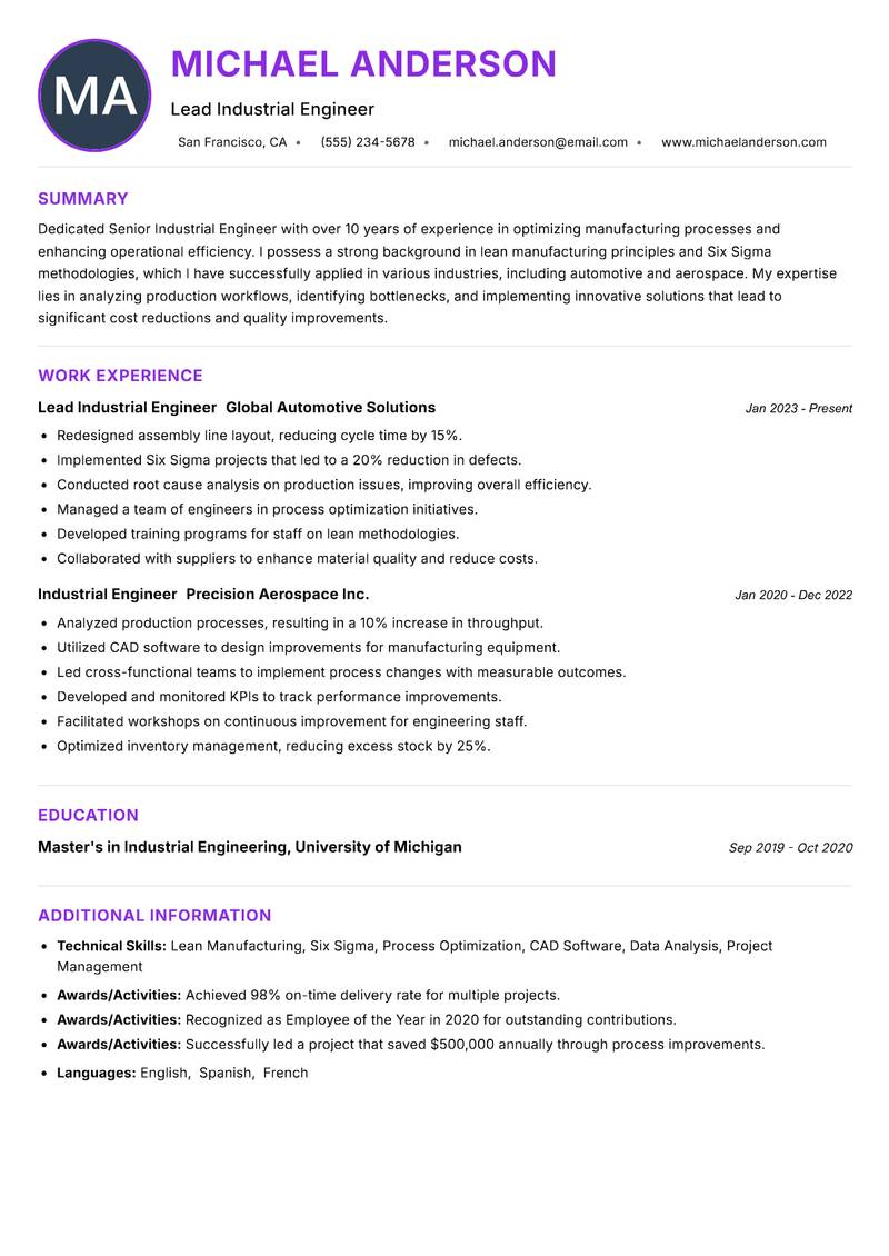 Senior Industrial Engineer Resume Preview Example
