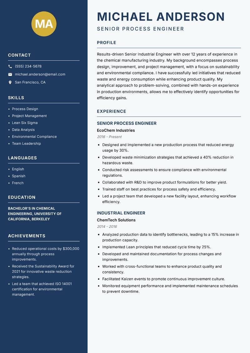 Senior Industrial Engineer Resume Preview Example