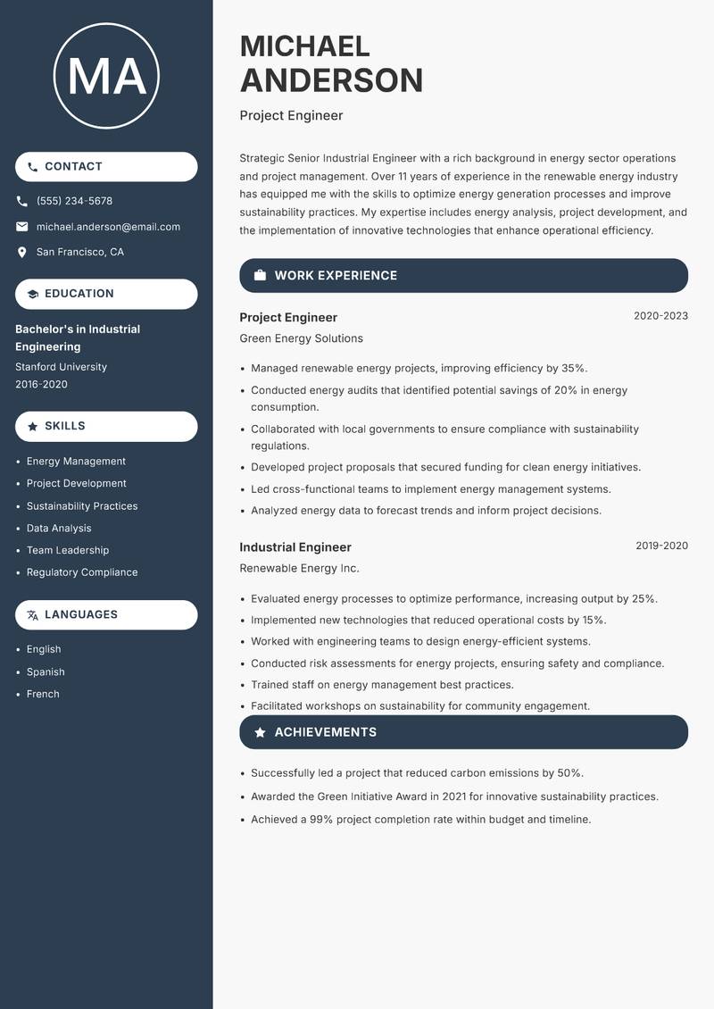 Senior Industrial Engineer Resume Preview Example