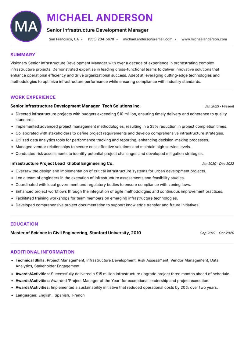 Senior Infrastructure Development Manager Resume Preview Example
