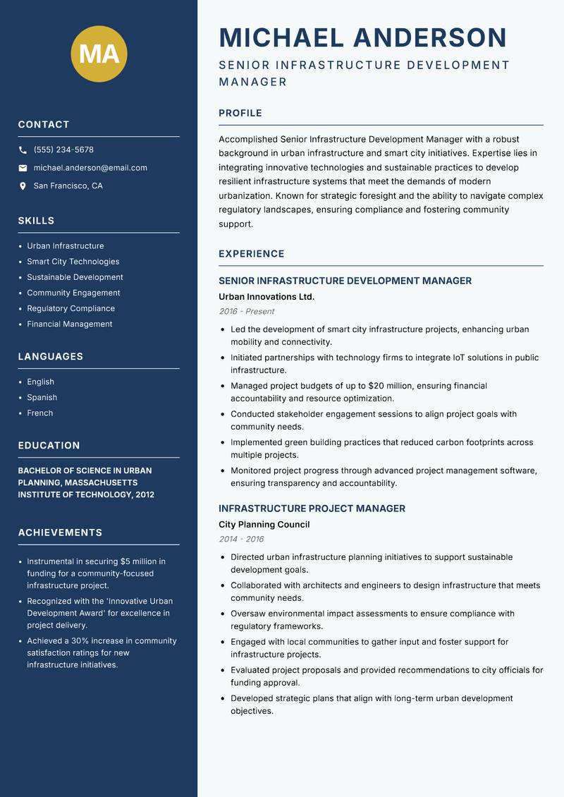 Senior Infrastructure Development Manager Resume Preview Example