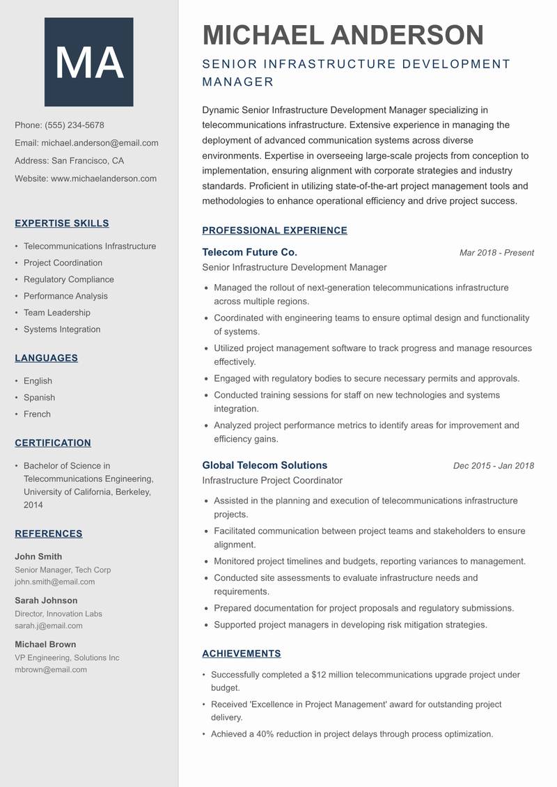 Senior Infrastructure Development Manager Resume Preview Example