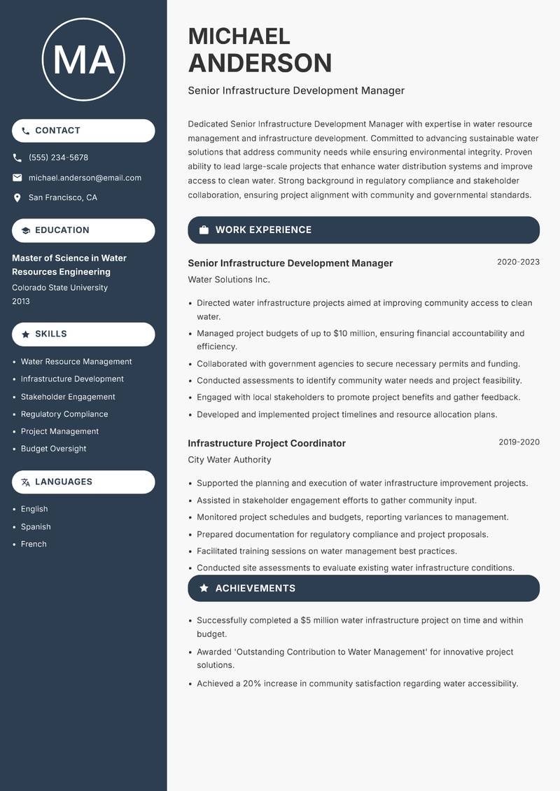 Senior Infrastructure Development Manager Resume Preview Example