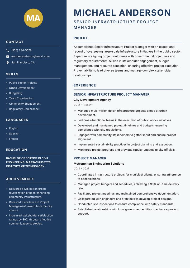 Senior Infrastructure Project Manager Resume Preview Example
