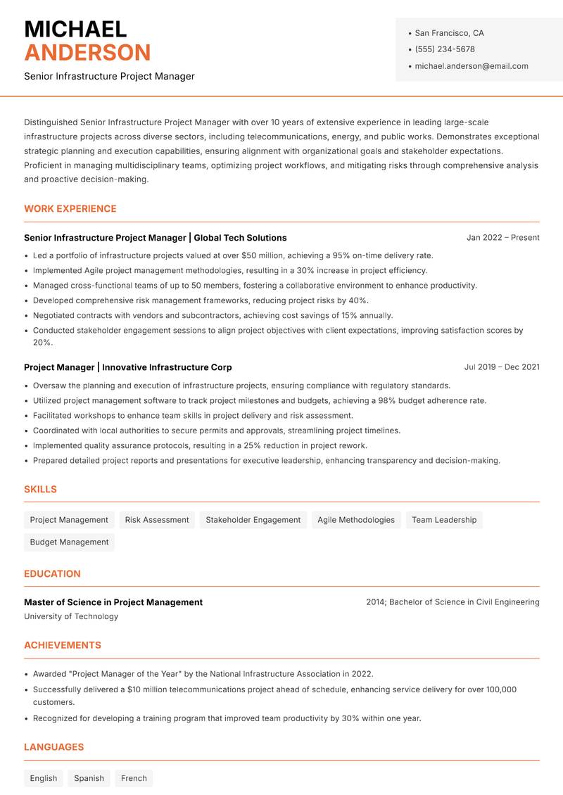 Senior Infrastructure Project Manager Resume Template