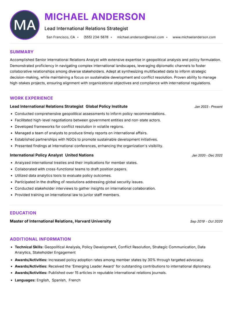 Senior International Relations Analyst Resume Preview Example