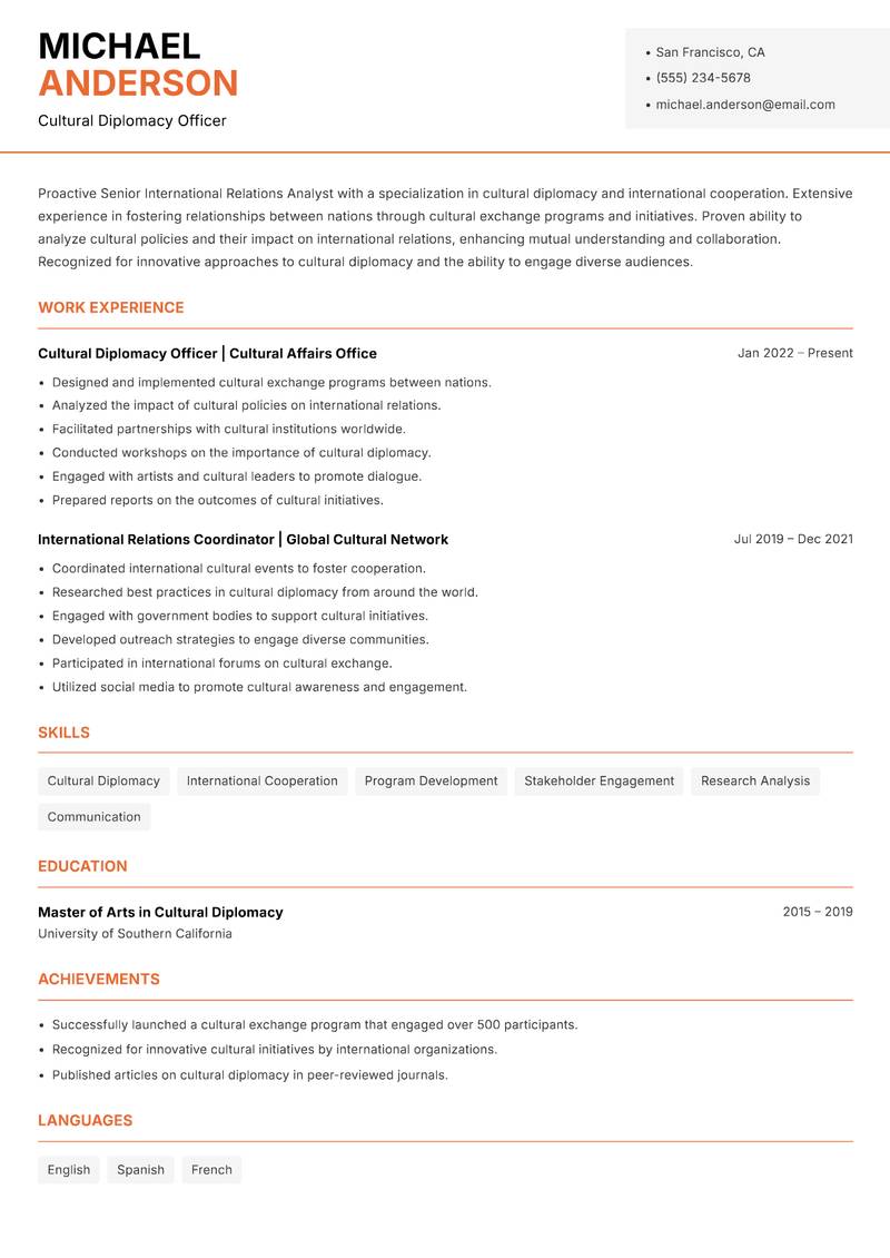 Senior International Relations Analyst Resume Template