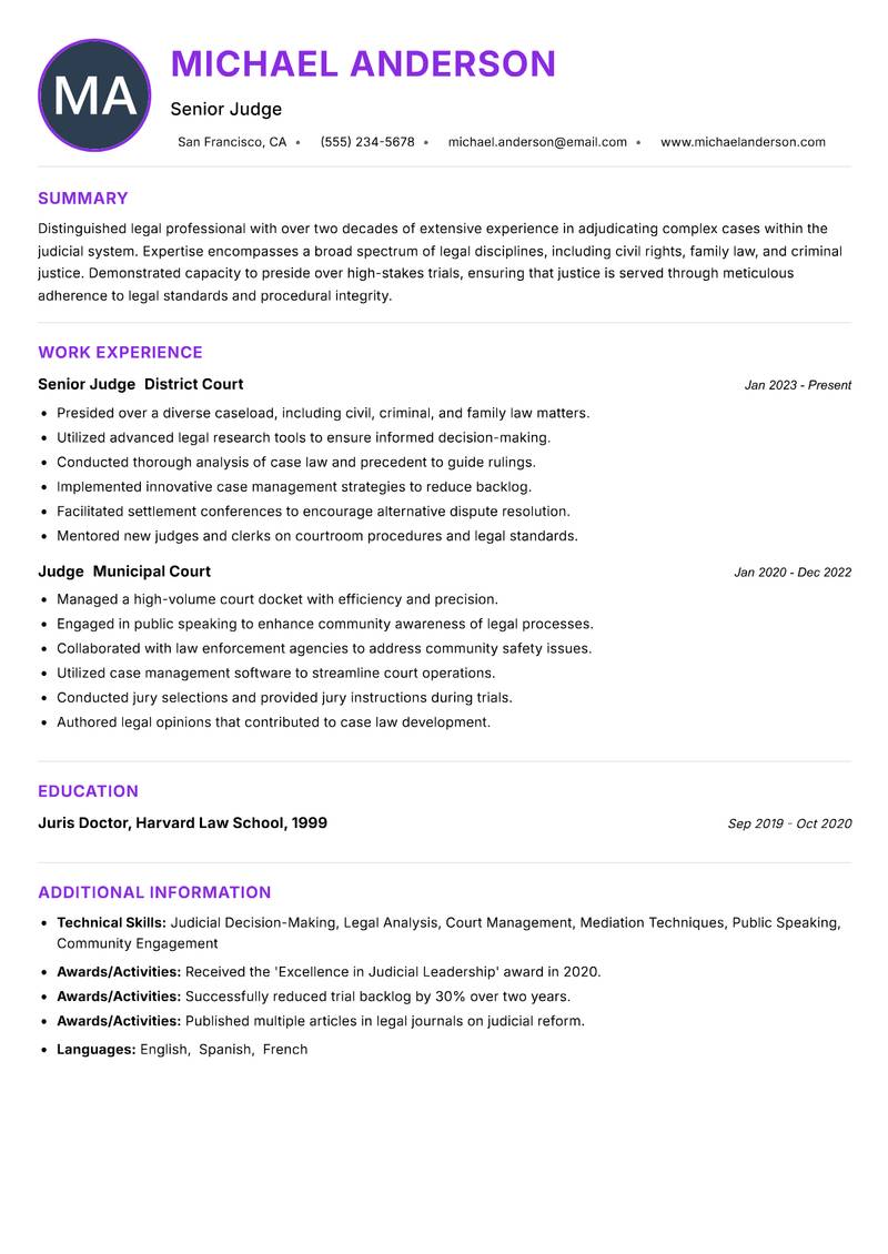 Senior Judge Resume Preview Example