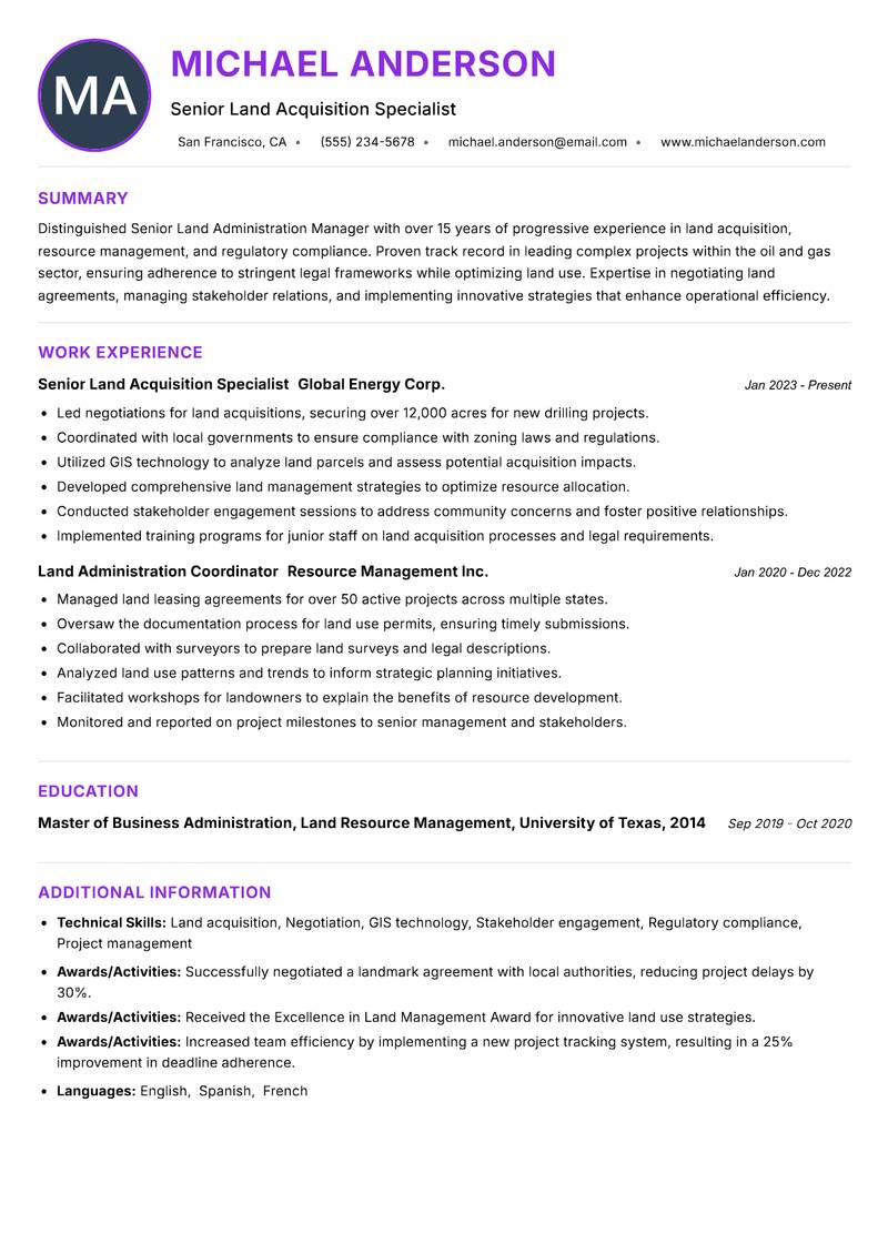 Senior Land Administration Manager Resume Preview Example