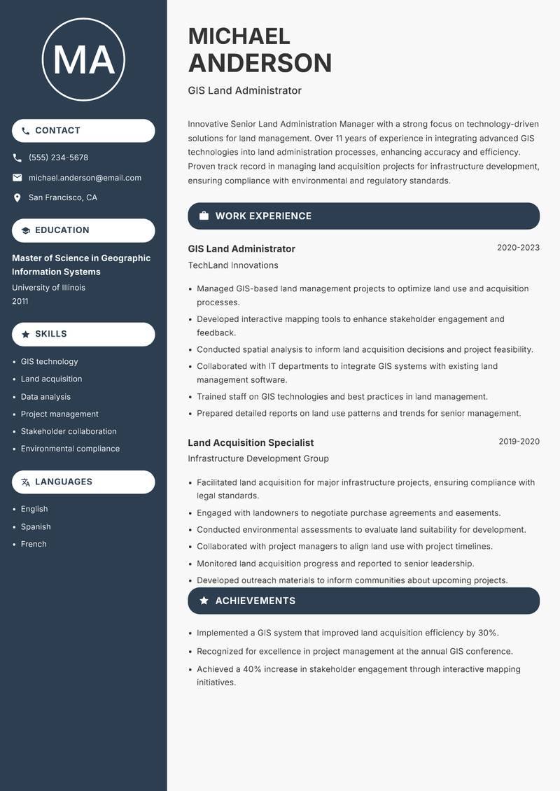 Senior Land Administration Manager Resume Preview Example