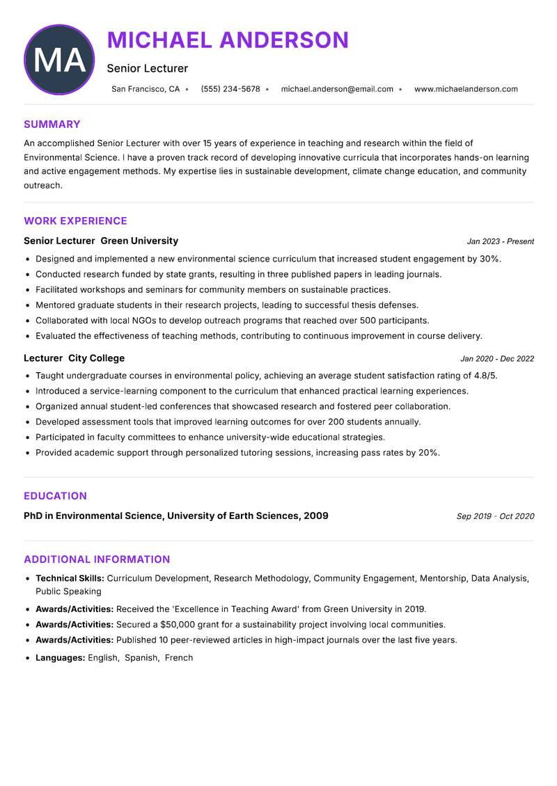 Senior Lecturer Resume Preview Example