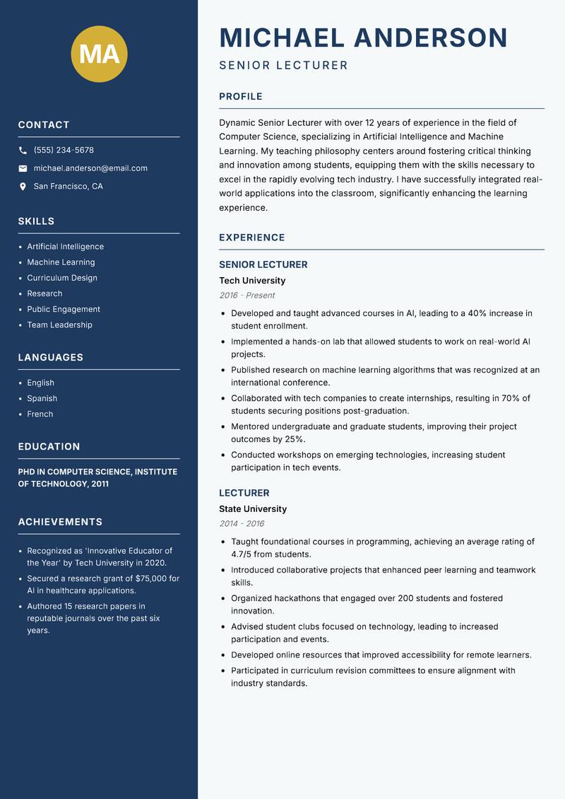 Senior Lecturer Resume Preview Example