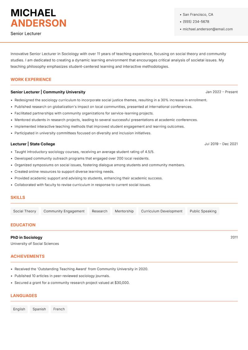 Senior Lecturer Resume Template