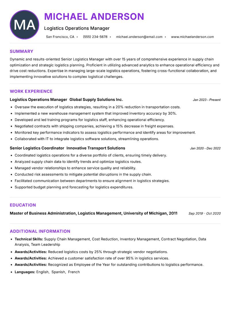Senior Logistics Manager Resume Preview Example