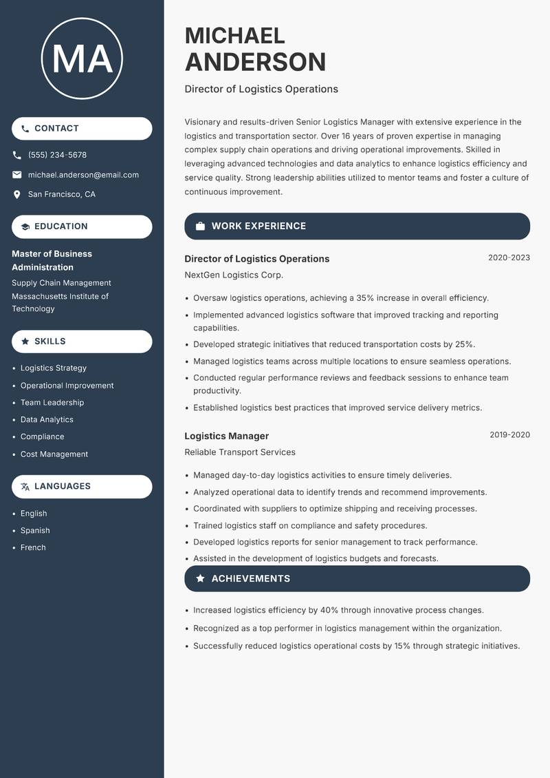 Senior Logistics Manager Resume Preview Example