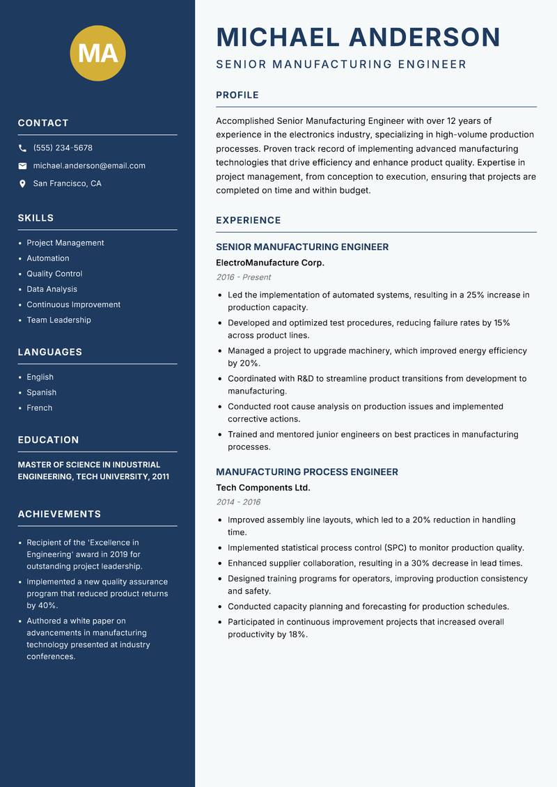 Senior Manufacturing Engineer Resume Preview Example