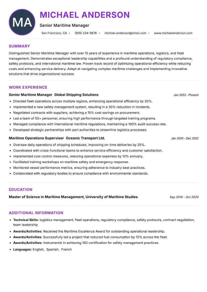 Senior Maritime Manager Resume Preview Example