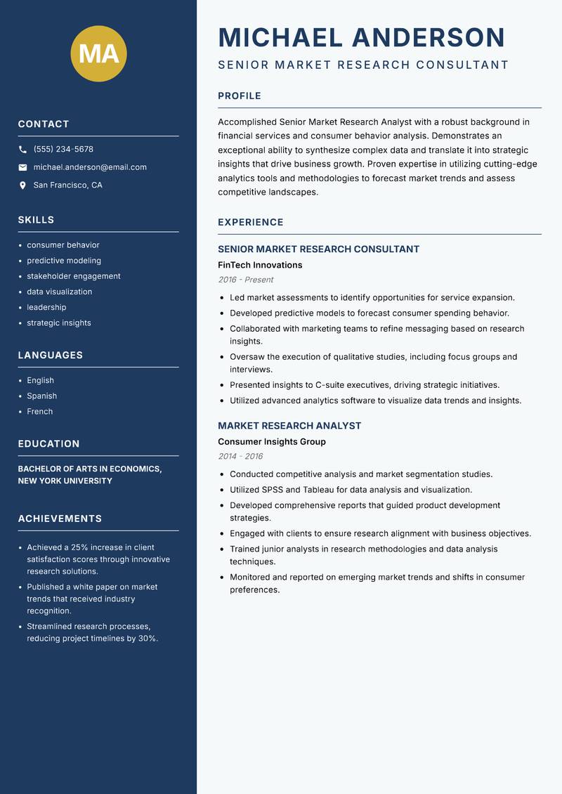Senior Market Research Analyst Resume Preview Example