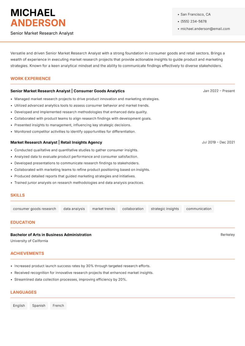 Senior Market Research Analyst Resume Template