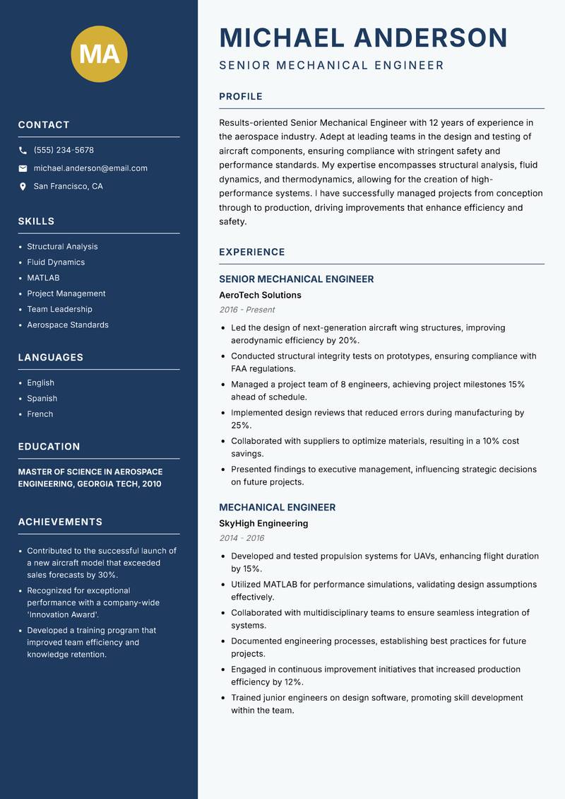 Senior Mechanical Engineer Resume Preview Example