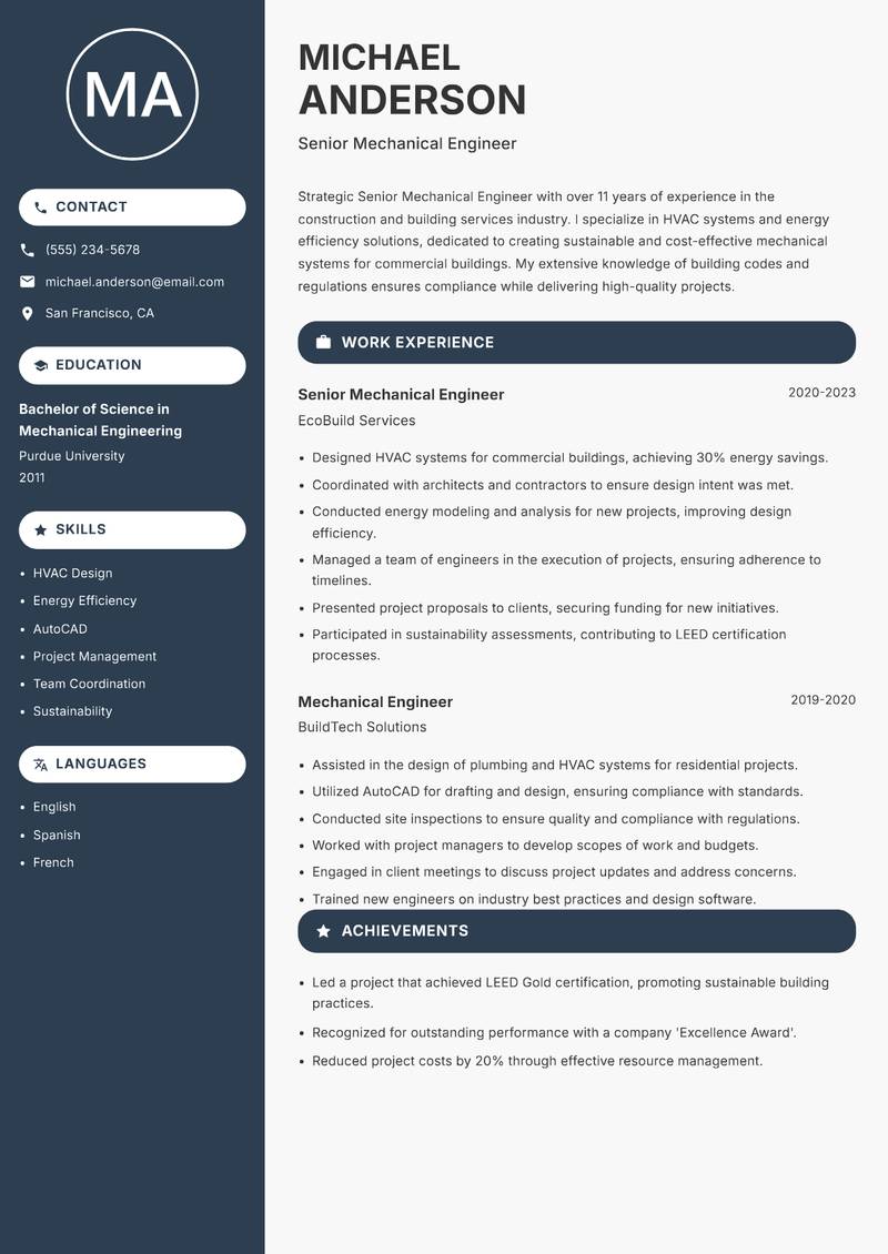 Senior Mechanical Engineer Resume Preview Example