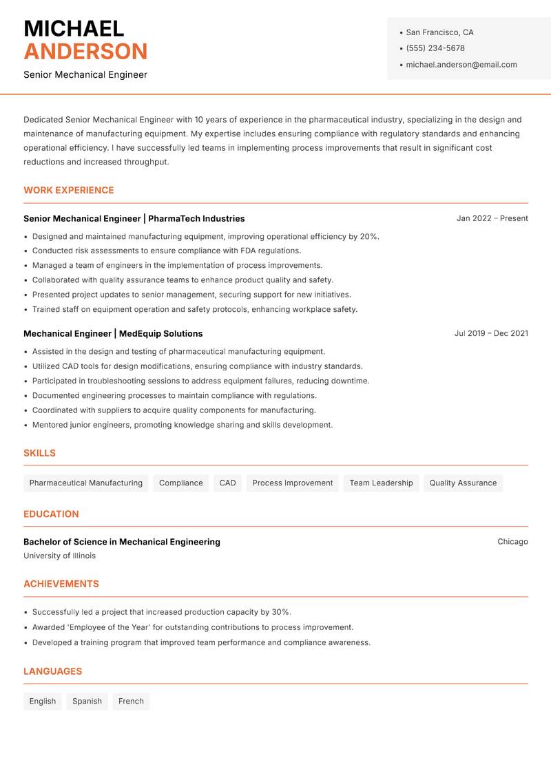 Senior Mechanical Engineer Resume Template