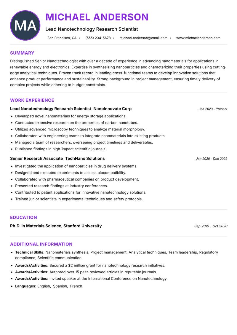 Senior Nanotechnologist Resume Preview Example