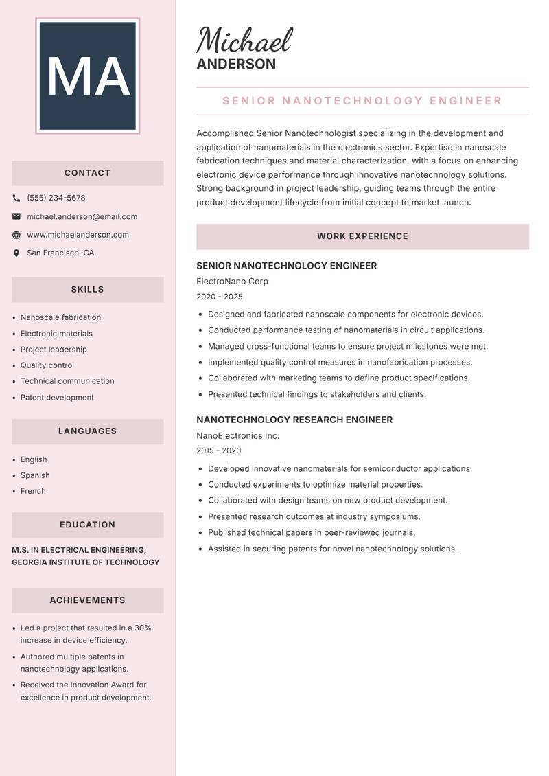 Senior Nanotechnologist Resume Preview Example