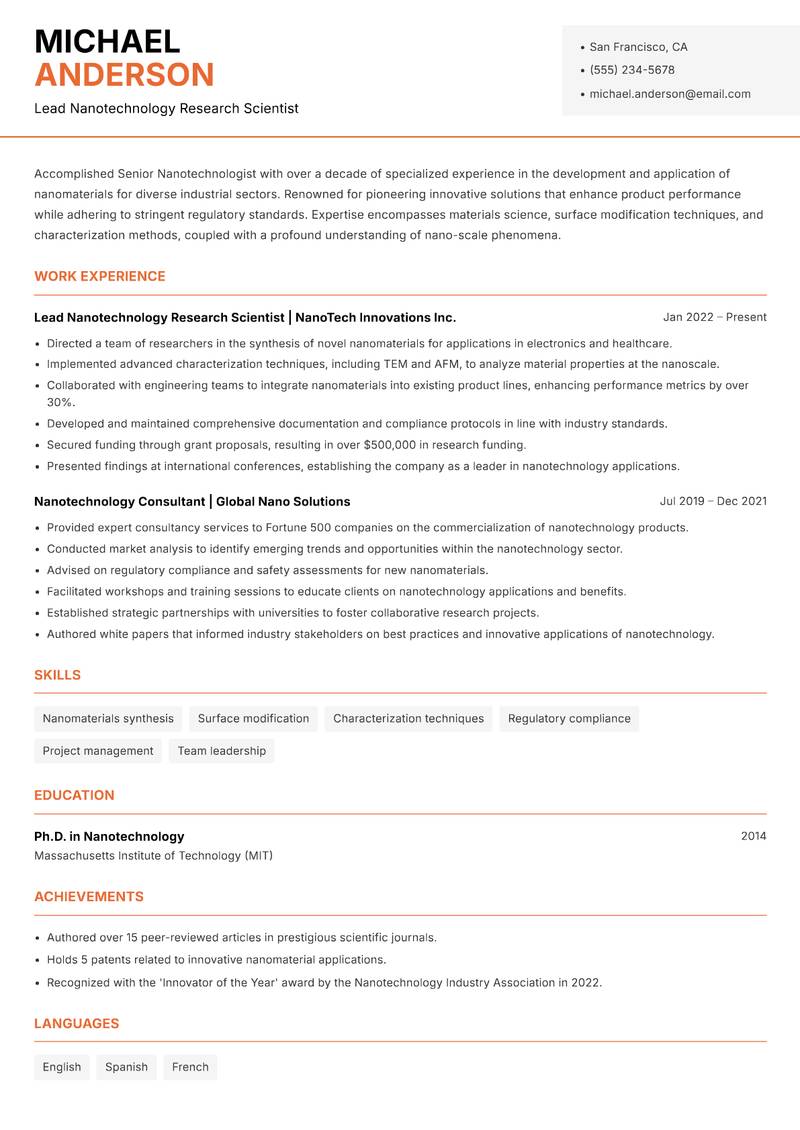 Senior Nanotechnologist Resume Template