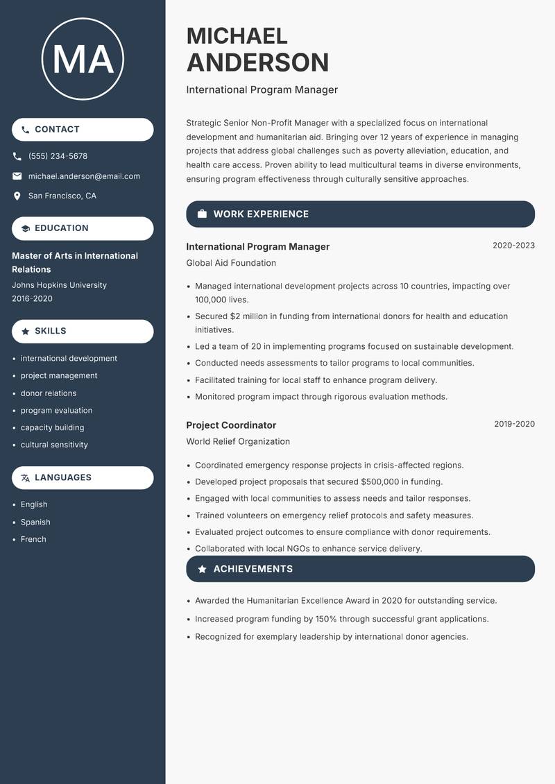 Senior Non-Profit Manager Resume Preview Example