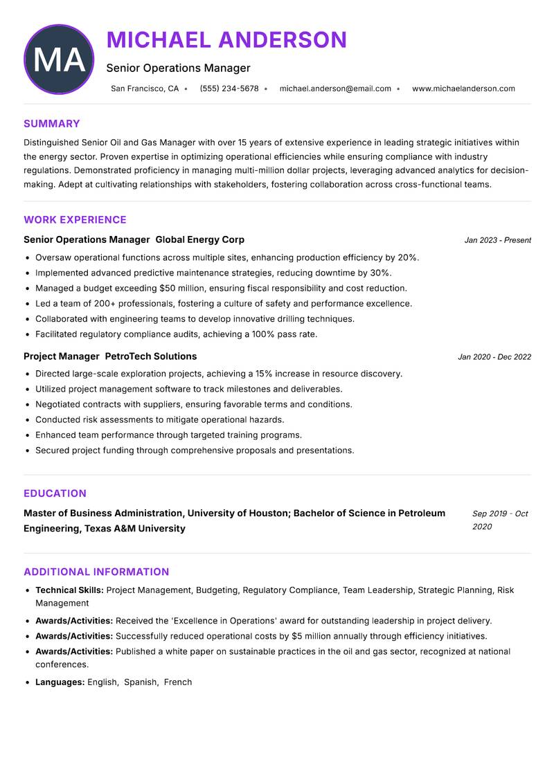 Senior Oil and Gas Manager Resume Preview Example