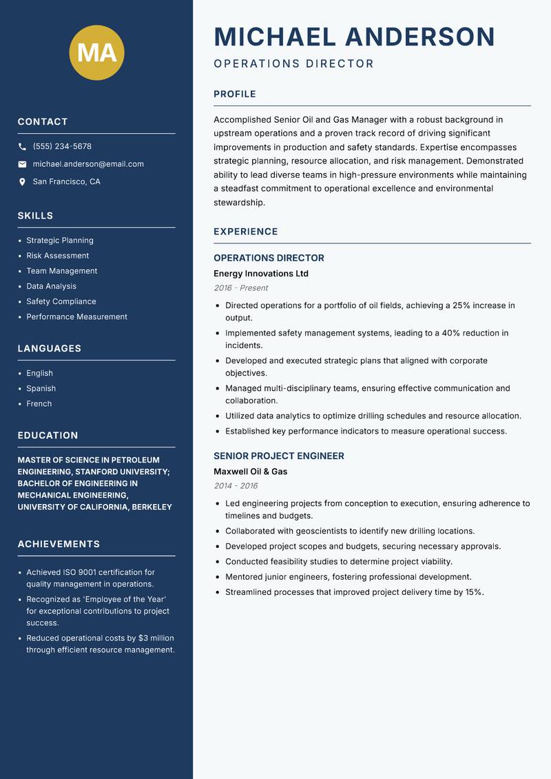 Senior Oil and Gas Manager Resume Preview Example