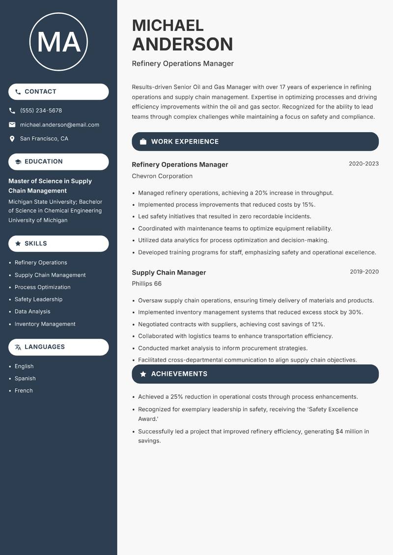Senior Oil and Gas Manager Resume Preview Example