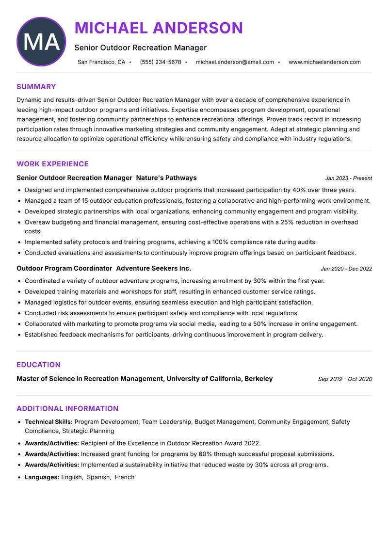 Senior Outdoor Recreation Manager Resume Preview Example