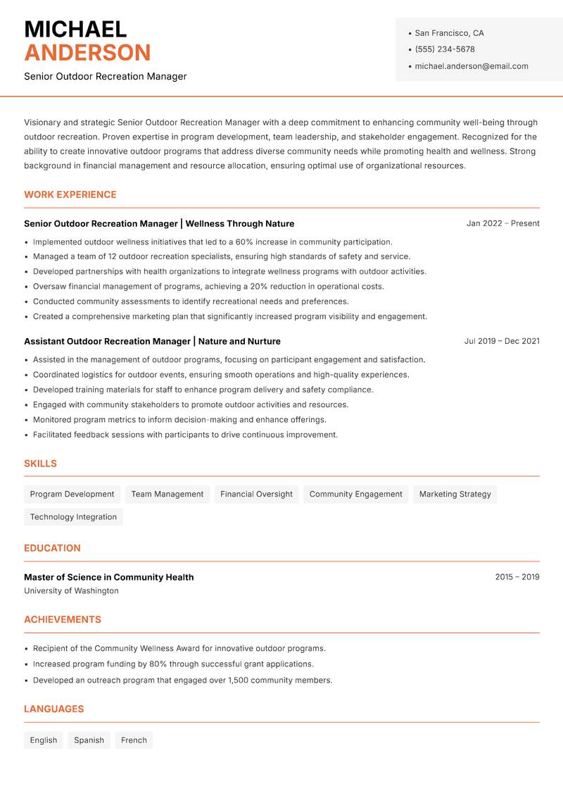 Senior Outdoor Recreation Manager Resume Template