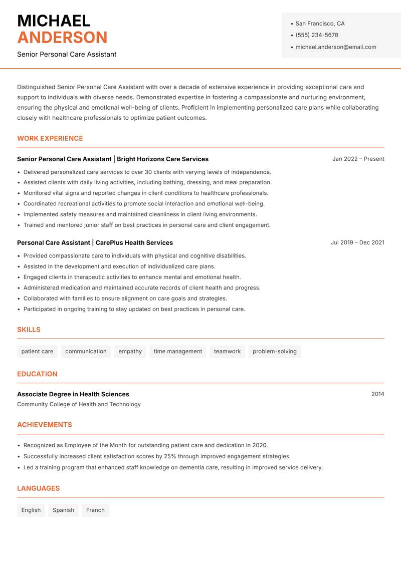 Senior Personal Care Assistant Resume Template