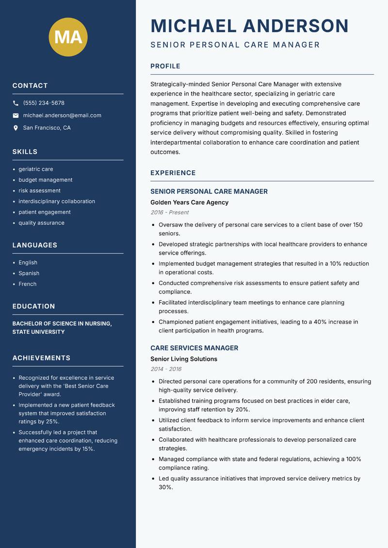 Senior Personal Care Manager Resume Preview Example