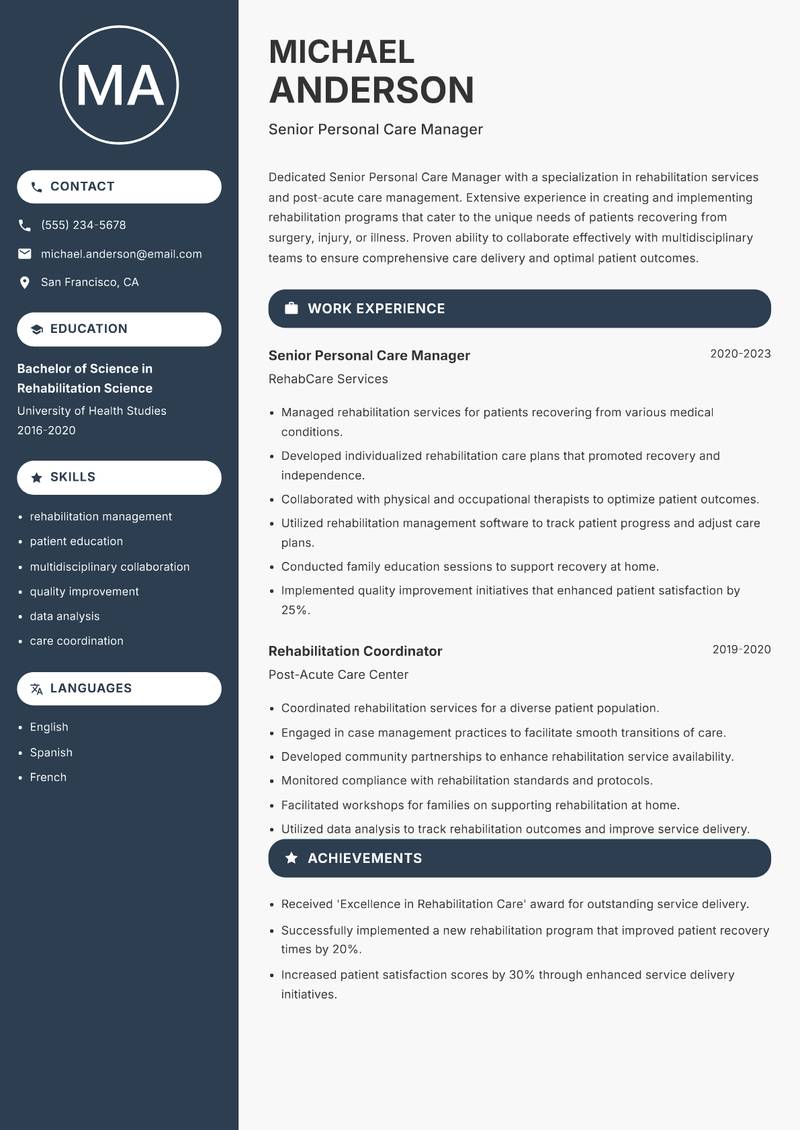 Senior Personal Care Manager Resume Preview Example