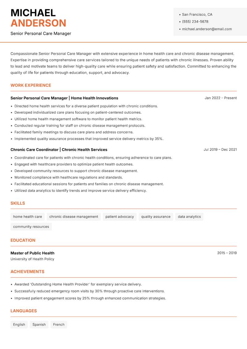 Senior Personal Care Manager Resume Template