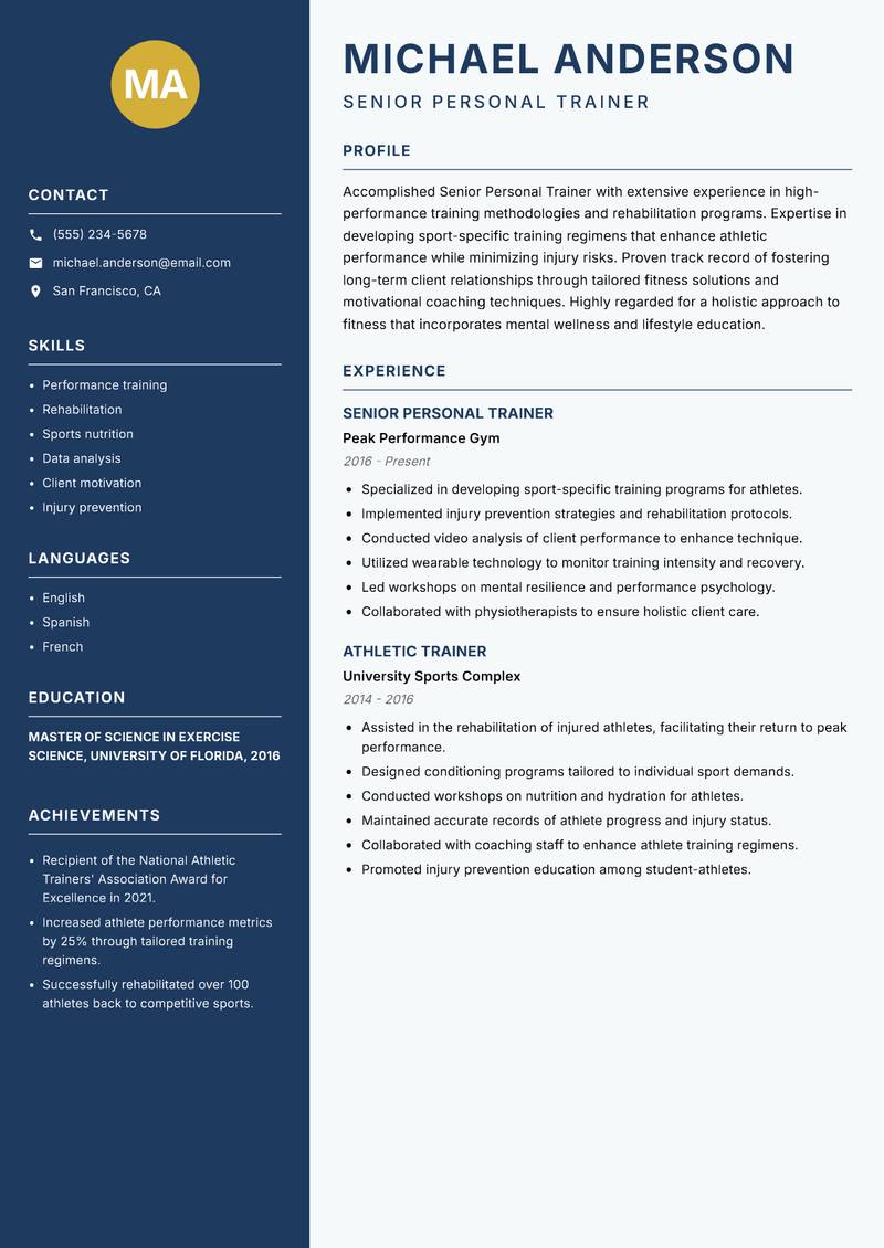 Senior Personal Trainer Resume Preview Example