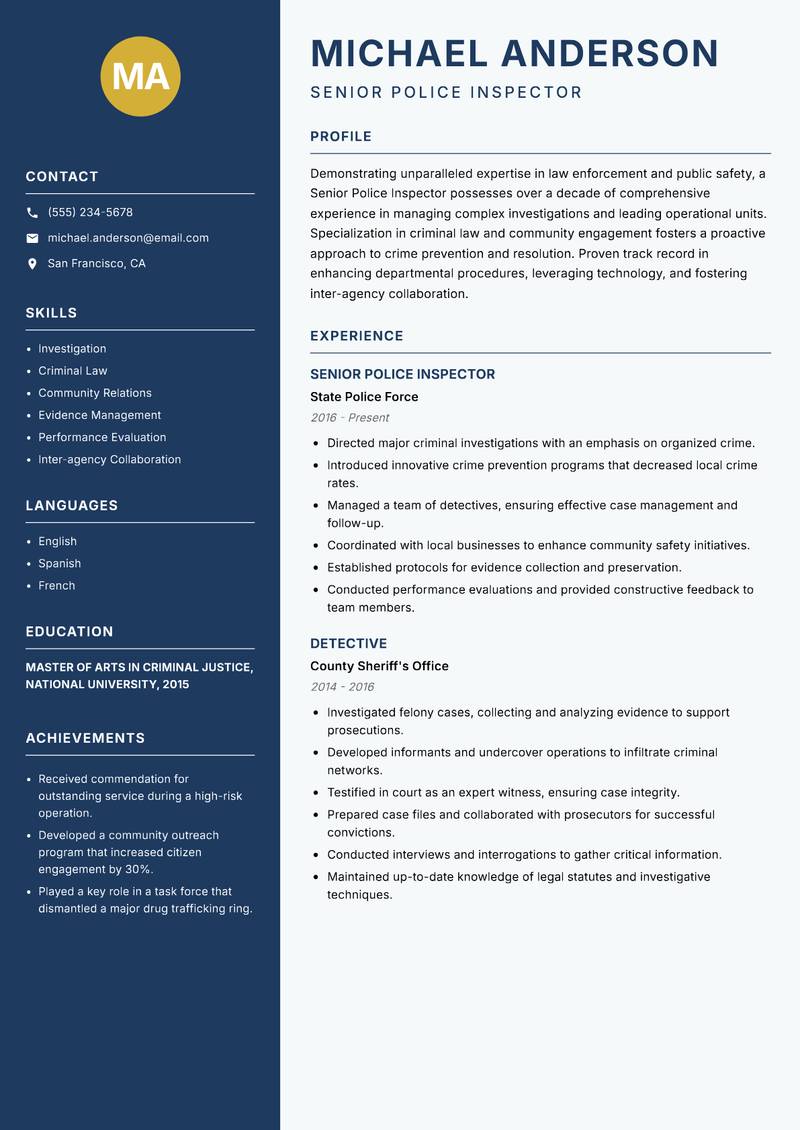 Senior Police Inspector Resume Preview Example