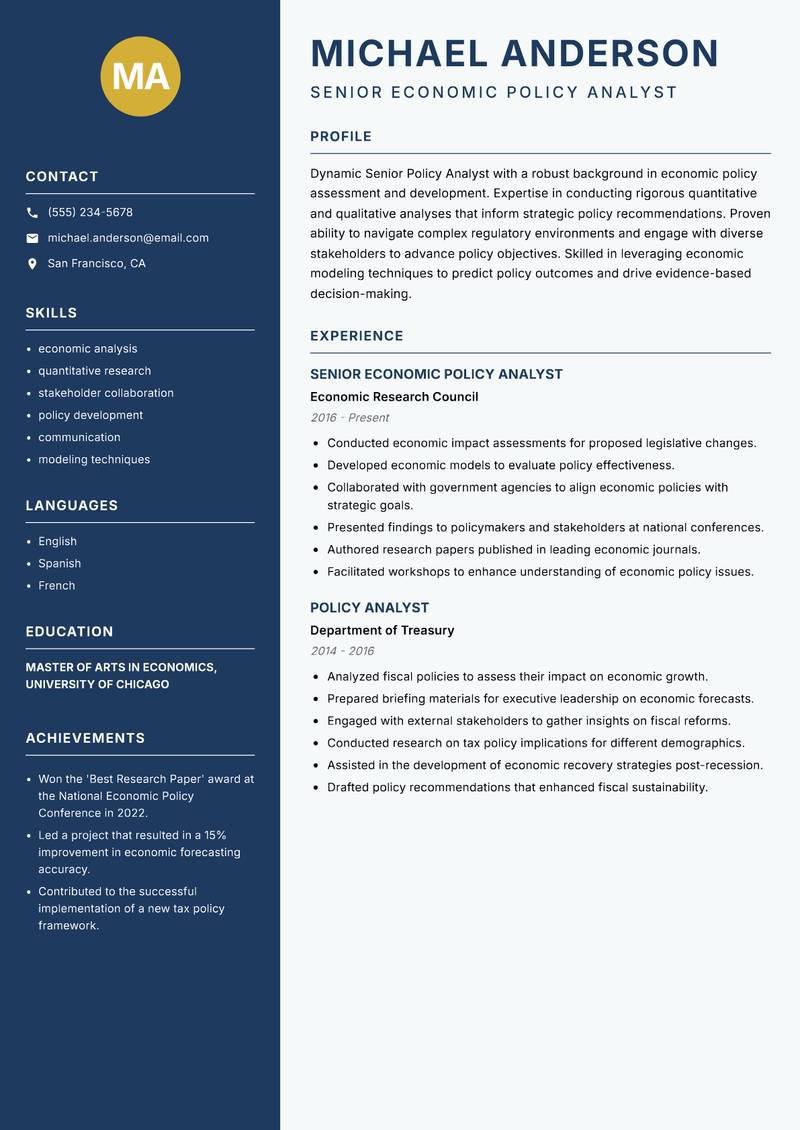 Senior Policy Analyst Resume Preview Example