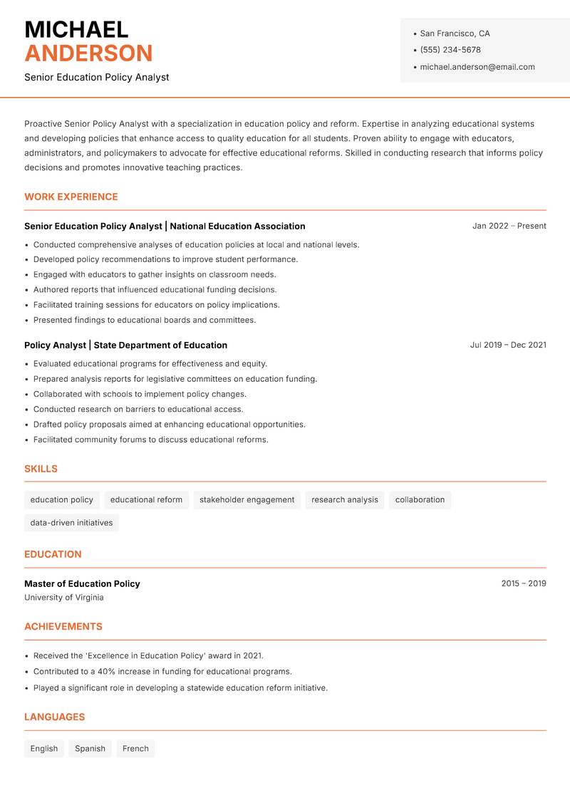 Senior Policy Analyst Resume Template